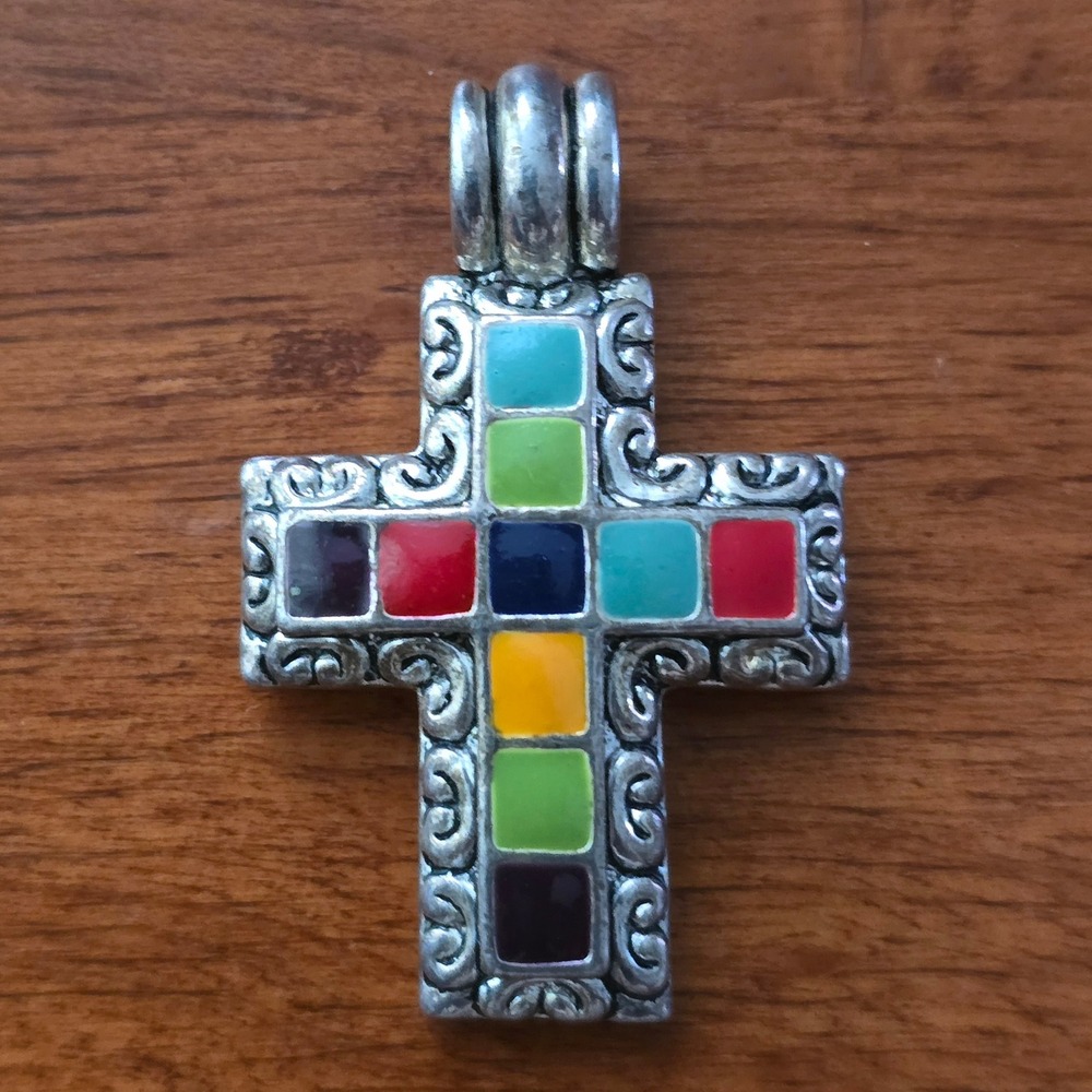 MJ Silver Tone Multi Color Enamel Cross Pendant Scrollwork Engraved 1.5"